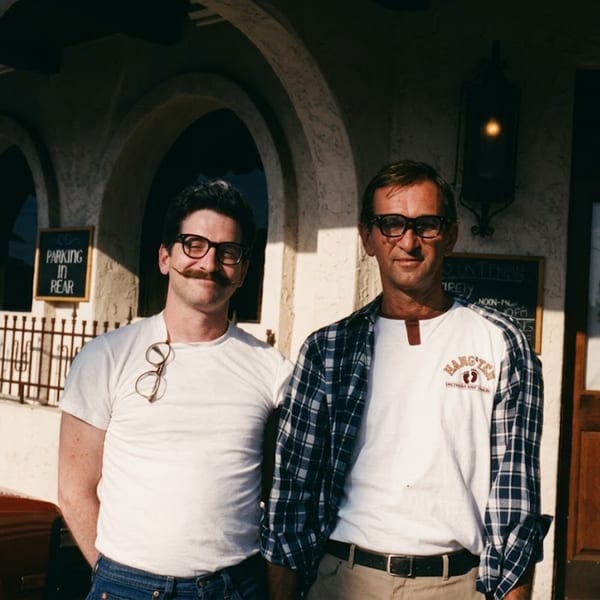 Two men, one with a mustache, stand outside Texaz Grill, smiling at the camera.